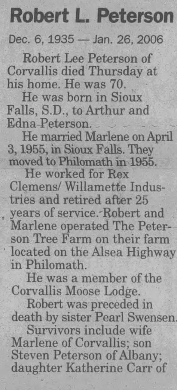 Obituary for Robert Lee Peterson, 1935-2006 (Aged 70)